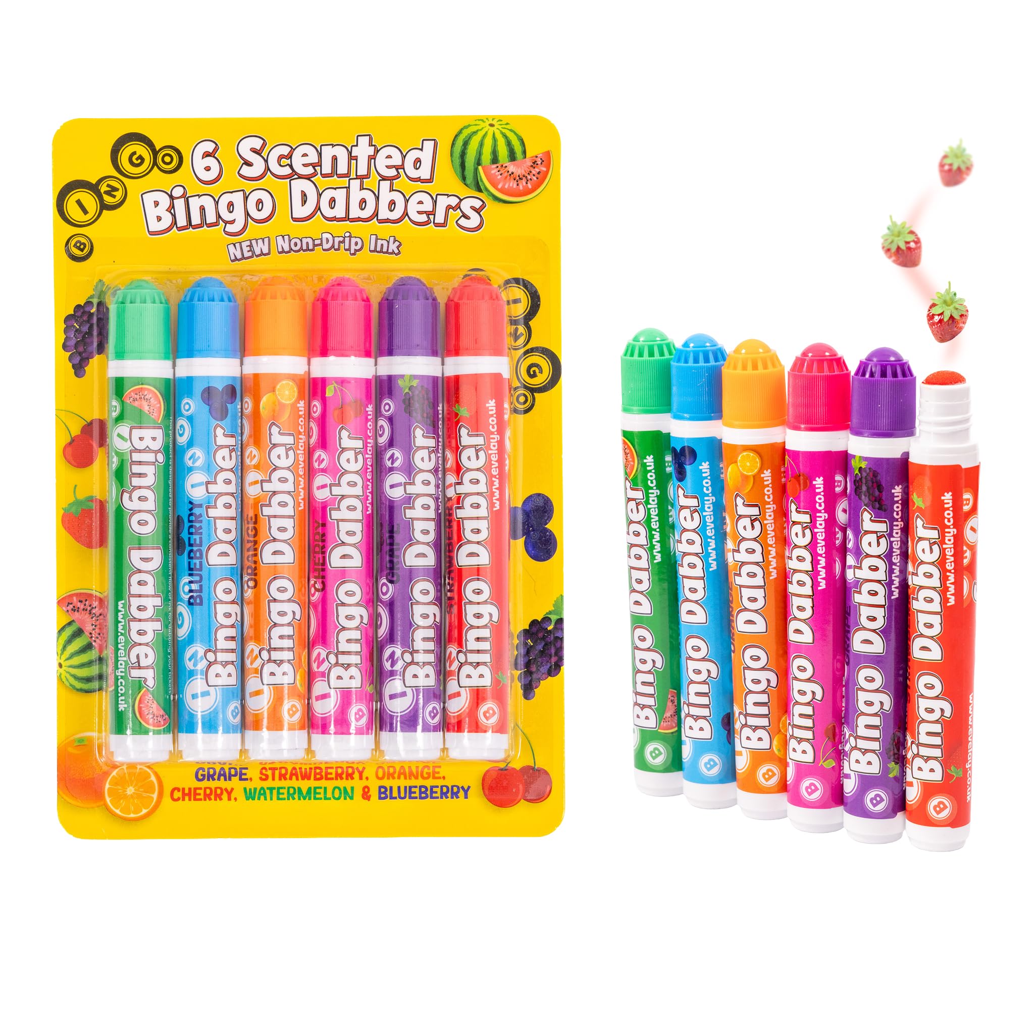 evelay Scented Bingo Dabbers 6-Pack – Assorted Colours & Fruity Scents | Non-Drip Felt Tip Bingo Markers for Adults & Kids | Long-Lasting Ink, Smooth Flow, Fun Gift Idea