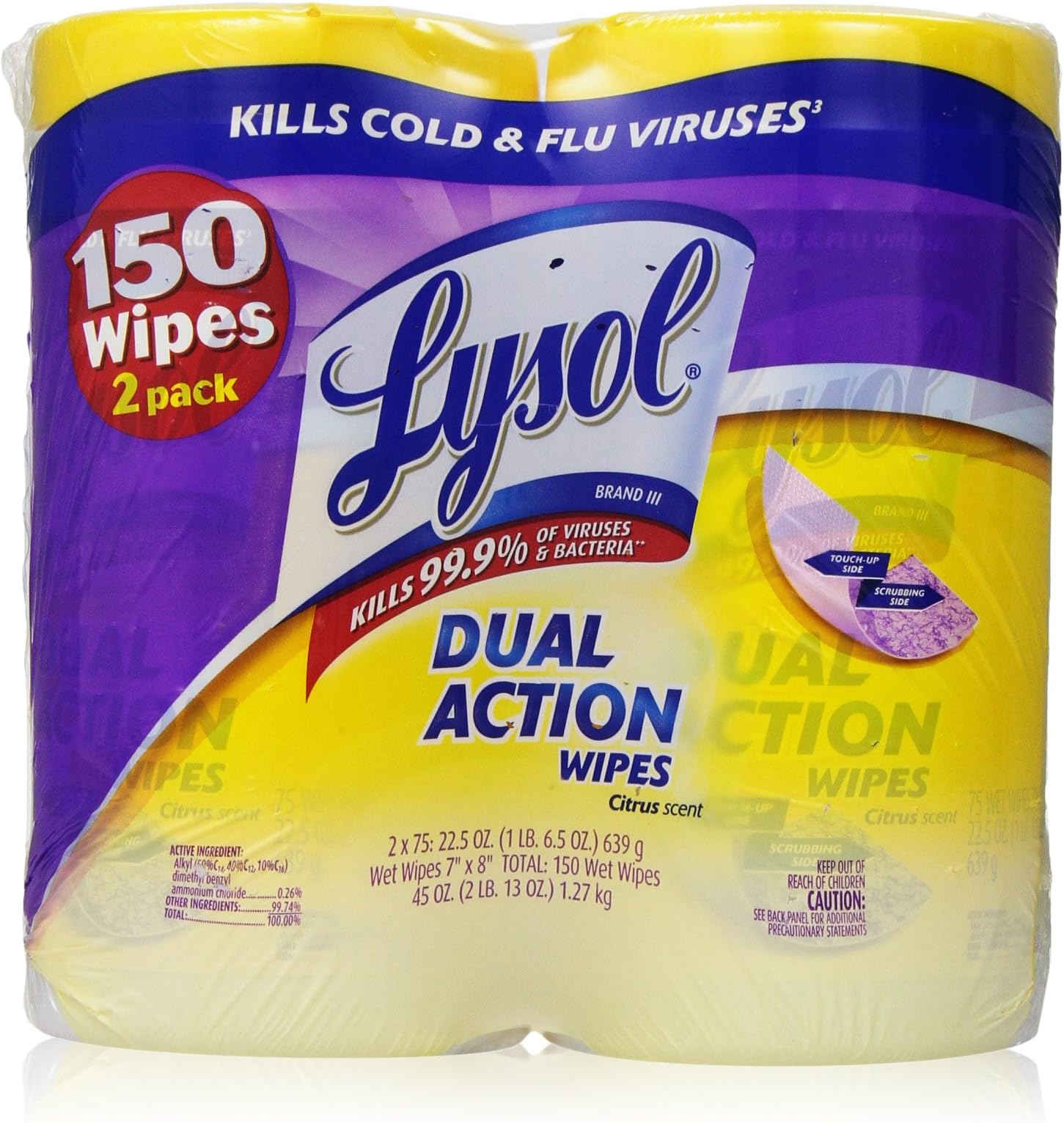Lysol Dual Action Disinfecting Wipes Value Pack, Citrus, 150 Count