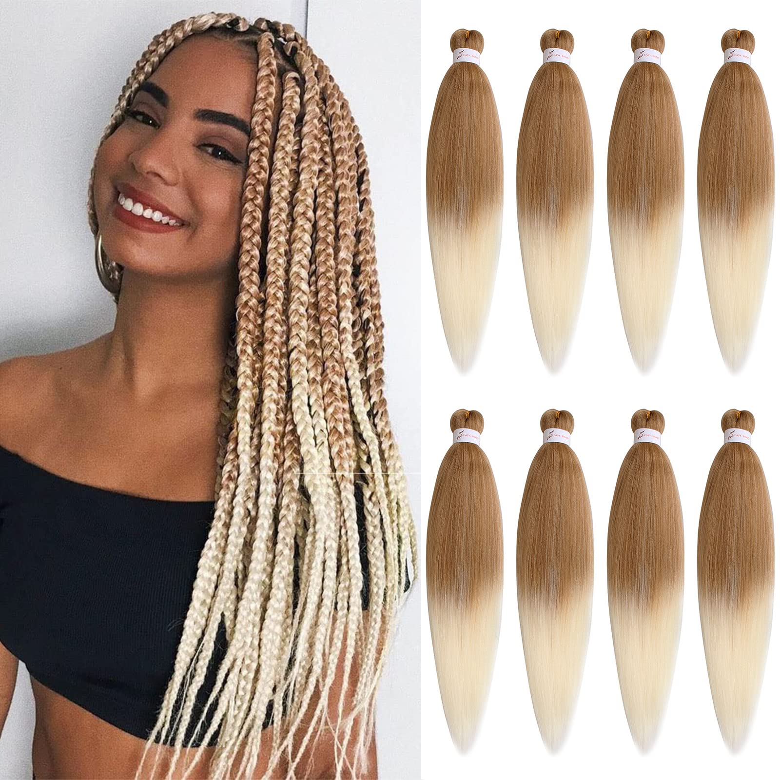 Xtrend 26 Inch EZ Braid 8 Packs Pre Stretched Braiding Hair Yaki Texture Braiding Hair for Crochet Hair Braids Hot Water Setting Synthetic Fiber Hair Extensions 27613#