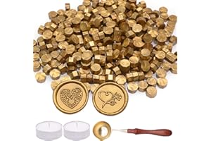 Metallic Bronze Gold Sealing Wax Beads, ZRCHLS 370 Pieces Octagon Wax Seal Beads Kit with A Melting Spoon and 2 Candles for Seal Stamp for Gift & Envelope Sealing, Wedding Invitation