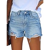 CHICZONE Womens Mid-High Waisted Jean Shorts Ripped Cutoff Denim Shorts Stretchy Summer Short Pants