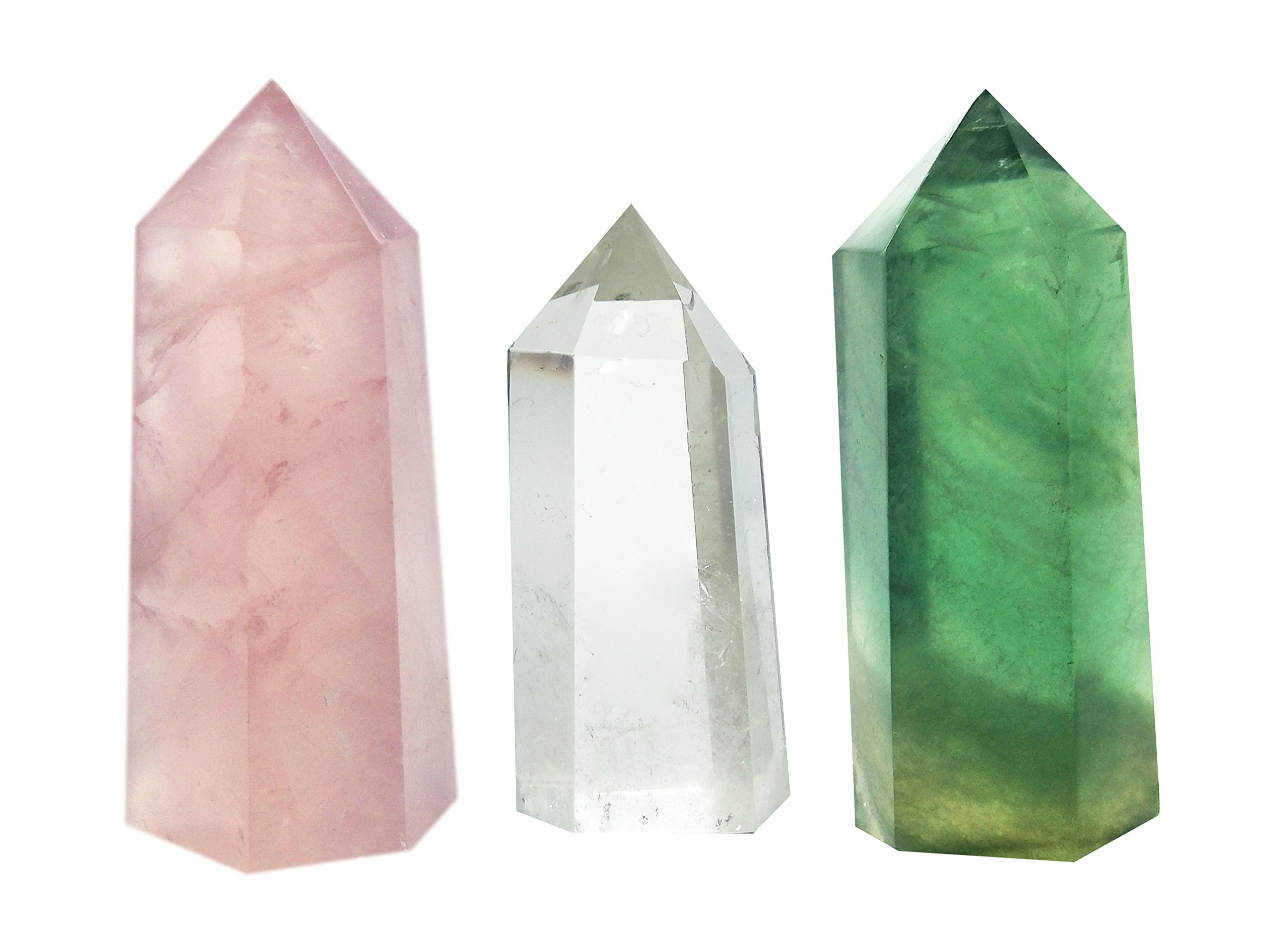 Set of 3 Healing Crystal Wands of 3 Stones, Rose Quartz, Clear Quartz, Fluorite, Pointed & Faceted Prism Bars for Reiki Chakra Meditation Therapy Deco