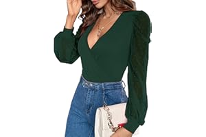 Fayenne Womens Tops Deep V Neck Cross Wrap Sexy Tops Polka Dot Mesh Long Sleeve T Shirt Casual Blouses