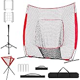 Pejevir 7x7 ft Baseball & Softball Practice Net with Bow Frame for Batting, Hitting, Pitching, Portable Baseball Training Net with Batting Tee, Ball Caddy, 2 Strike Zone and Carry Bag and Stakes
