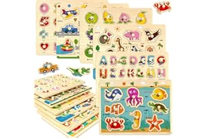 edutree Wooden Peg Puzzles for Toddlers 2-4, 6 Pack Educational Peg Puzzles Montessori Toys, Learning Puzzles for Kids Girs Boys 1-3 3-5 with Alphabet Number Animal Vehicle Shape