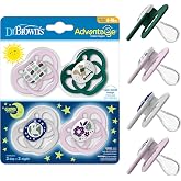 Dr. Brown's Advantage Glow-in-the-Dark Baby Pacifier, Fully Symmetrical Soother with Soft Silicone Bulb, Scooter Squirrel-Purple Nature, 6-18m, BPA Free, 4 Pack