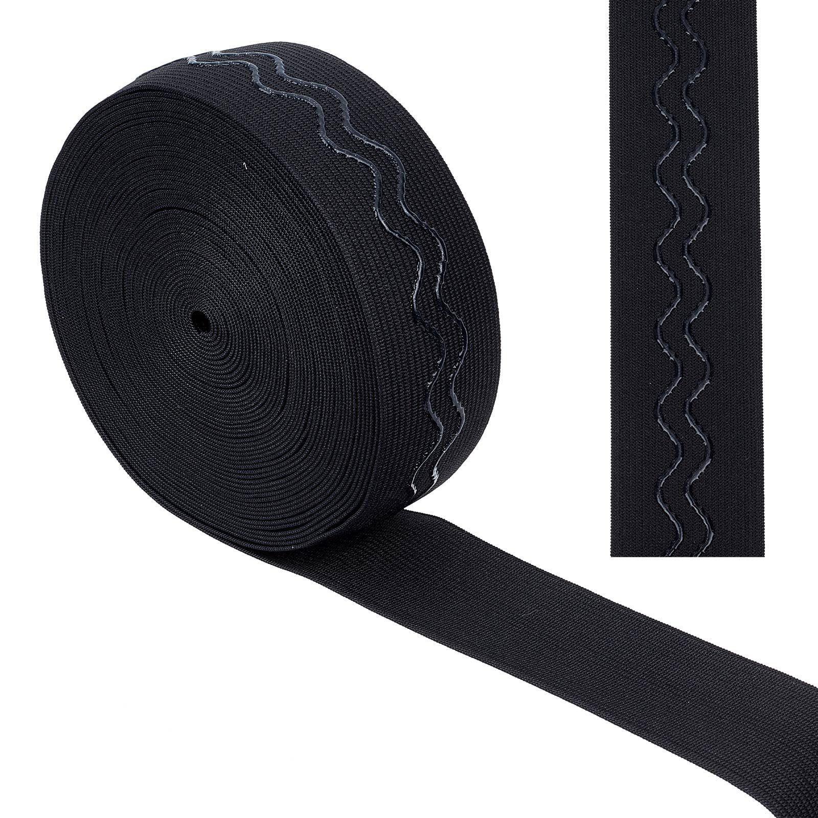 GORGECRAFT 10 Yards 38mm Wide Non-Slip Elastic Ribbon Wave Silicone Elastic Gripper Band Stretch Rubbers Elastic Belt for DIY Garment Sewing Crafts Sports Shorts Accessories, Black