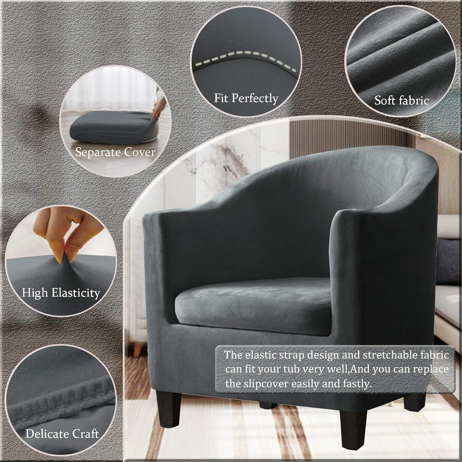 XIANYU 2 Pieces Tub Chair Covers,Spandex Velvet Tub Chair Slipcovers