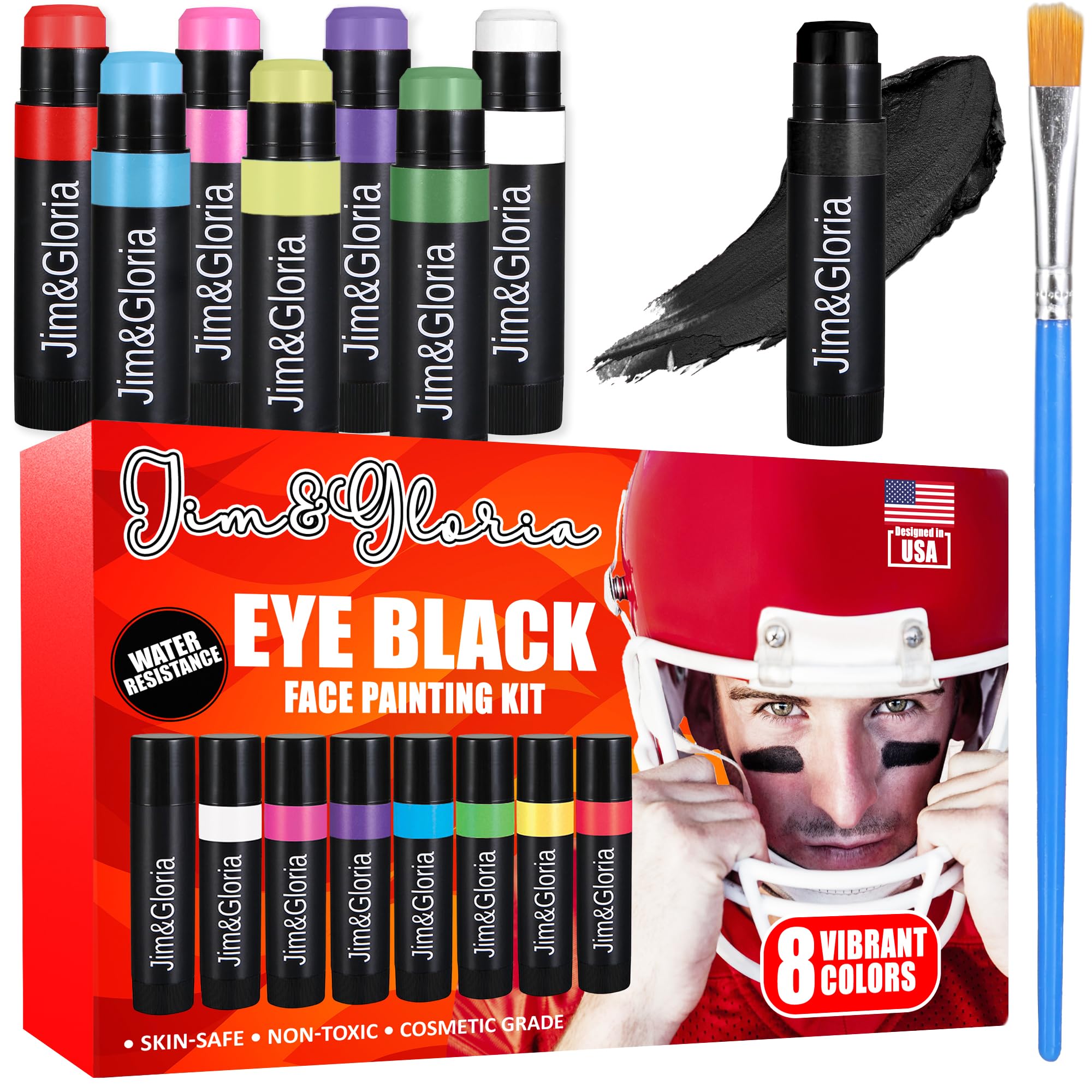 Jim&Gloria Water Resistant Under Eye Black Stick Sports Face Paint Body Markers Makeup Athletes Softball Stuff Lacrosse Baseball Drip Football Gear Game Accessories Gift 8 Colors Eyeblack Painting Kit