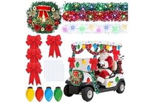 LUINABIO 38pcs Christmas Parade Golf Cart Decoration Kit with Light String Golf Cart Supplies Christmas Wreath Bow Red Green White Tinsel Garland Colorful Bulb Cutouts with Glue for Holiday Parade Decoration