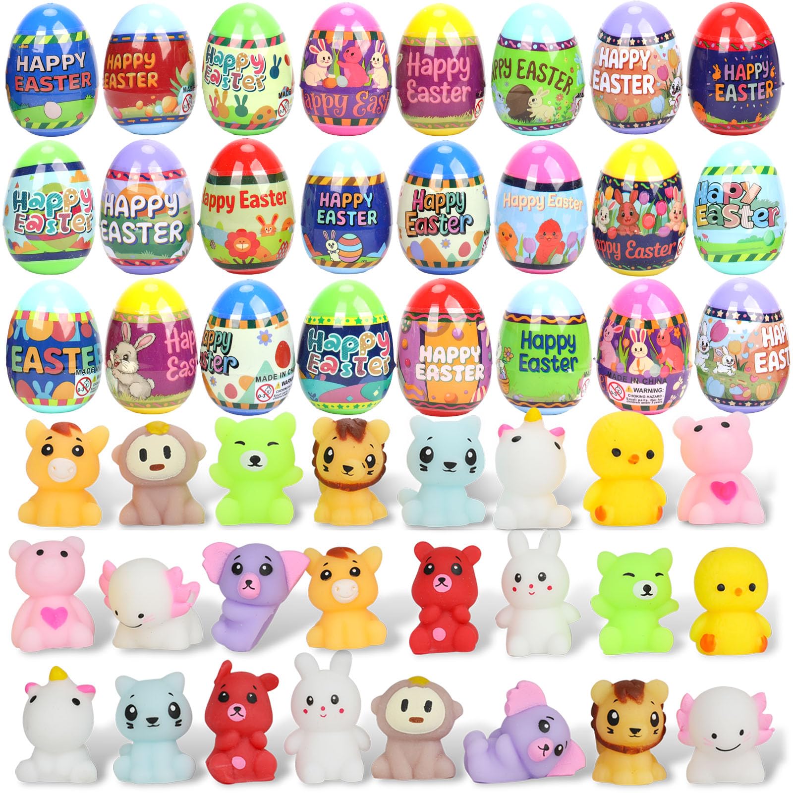 BEIGUO 24 Pack Easter Eggs with Cute Animal Squishy Toys Inside,Prefilled Eggs for Kids Boys Girls Easter Basket Stuffers,Party Favor,Egg Hunt
