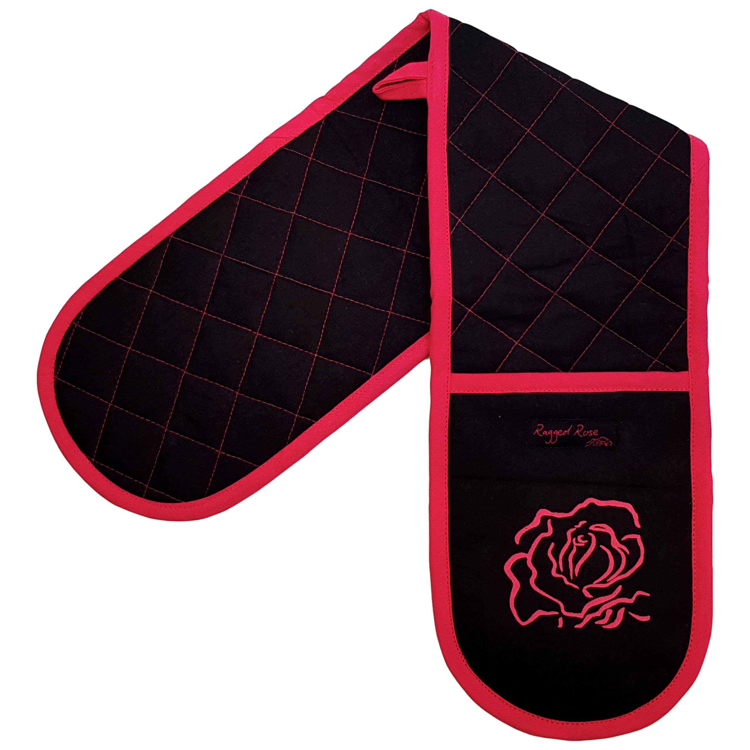 Double Oven Gloves - 84 cm x 18 cm x 1 cm, 1-Piece Oven Mitts for Cooking & Baking - Cotton, Machine Washable at 30° - Kitchen Essentials by Ragged Rose - (Pink/Black Plain)