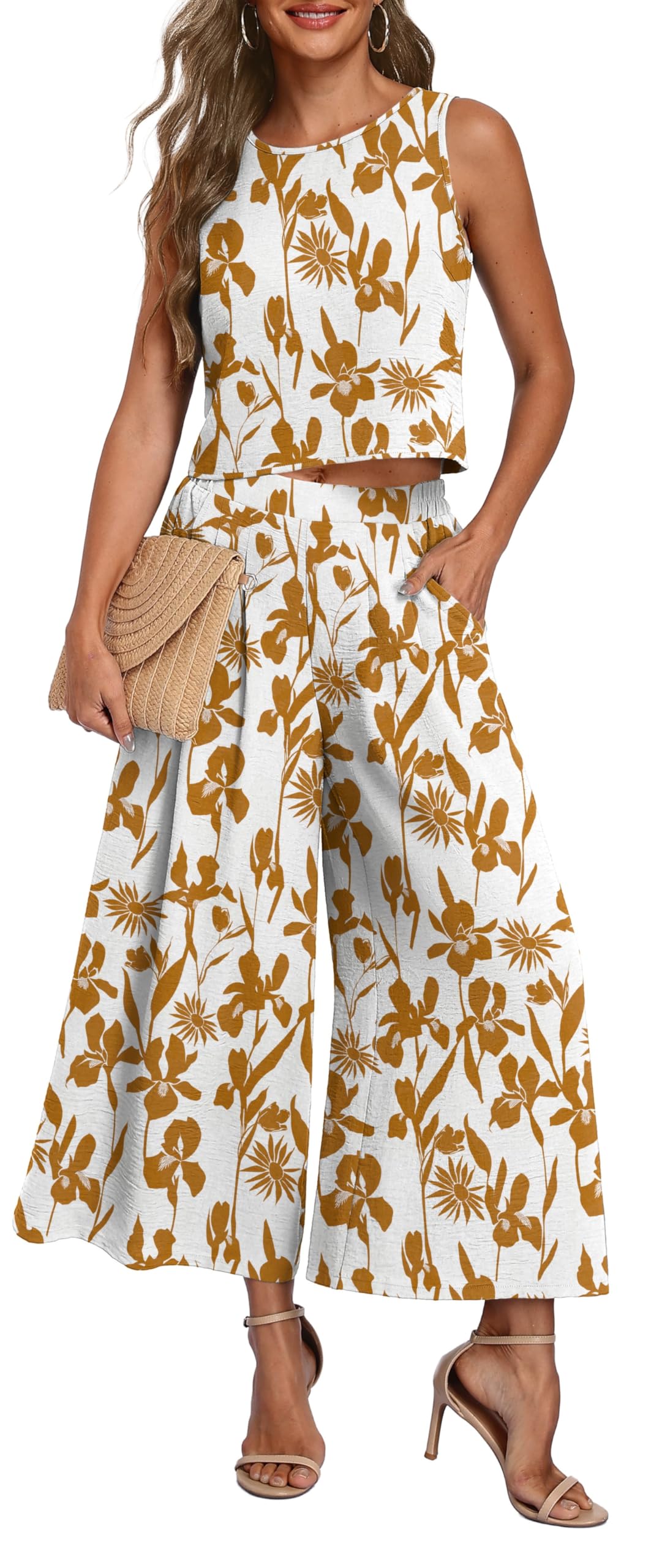 Lepunuo Women Summer Casual Two Piece Outfit Crop Top and Flowy Loose Wide Leg Pants Set Pockets Beach Travel Set Image