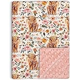 Highland Cow Baby Blanket for Girls, Boho Floral Farmhouse Highland Cow Toddler Soft Minky Blanket with Double Layer Dotted Backing, Nursery Newborn Baby Crib Receiving Blanket Western Cow, 30"x40"