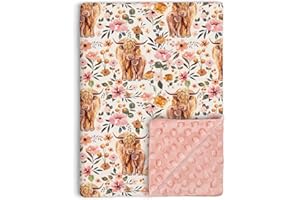 BUERHANERRY Highland Cow Baby Blanket for Girls, Boho Floral Farmhouse Highland Cow Toddler Soft Minky Blanket with Double Layer Dotted Backing, Nursery Newborn Baby Crib Receiving Blanket Western Cow, 30"x40"