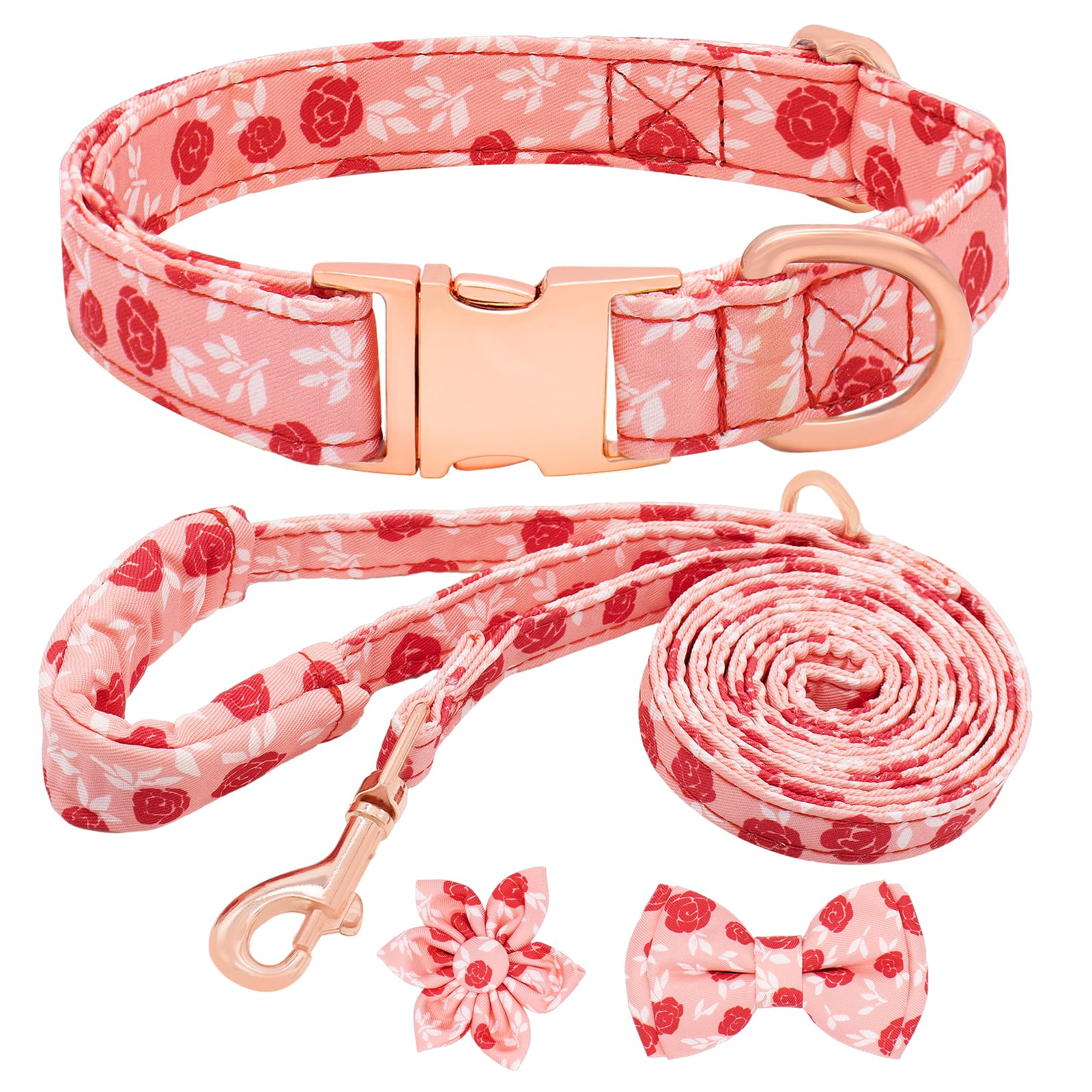 Dote on Dog Collar and Lead Set with Bow Tie, Girl Dog Collar with Detachable Flower with Strong Gold Buckle, Adjustable Soft Padded Pet Collar for Small Medium Large Dogs L, Pink rose — image 1