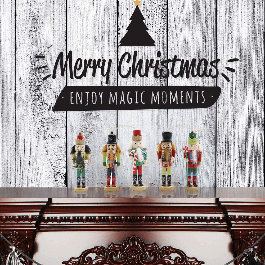 Amor Christmas Nutcracker Ornaments Set, 5PCS Wooden Nutcracker Soldier Hanging Decorations for Christmas Tree Figures Puppet Toy Gifts