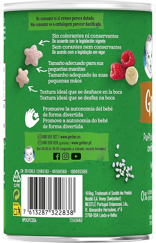 GERBER Folhados Orgânicos de Framboesa e Banana, Petisco de Cereais para Bebés, Latas 5x35g, a partir dos 8 meses — foto 5 de 8
