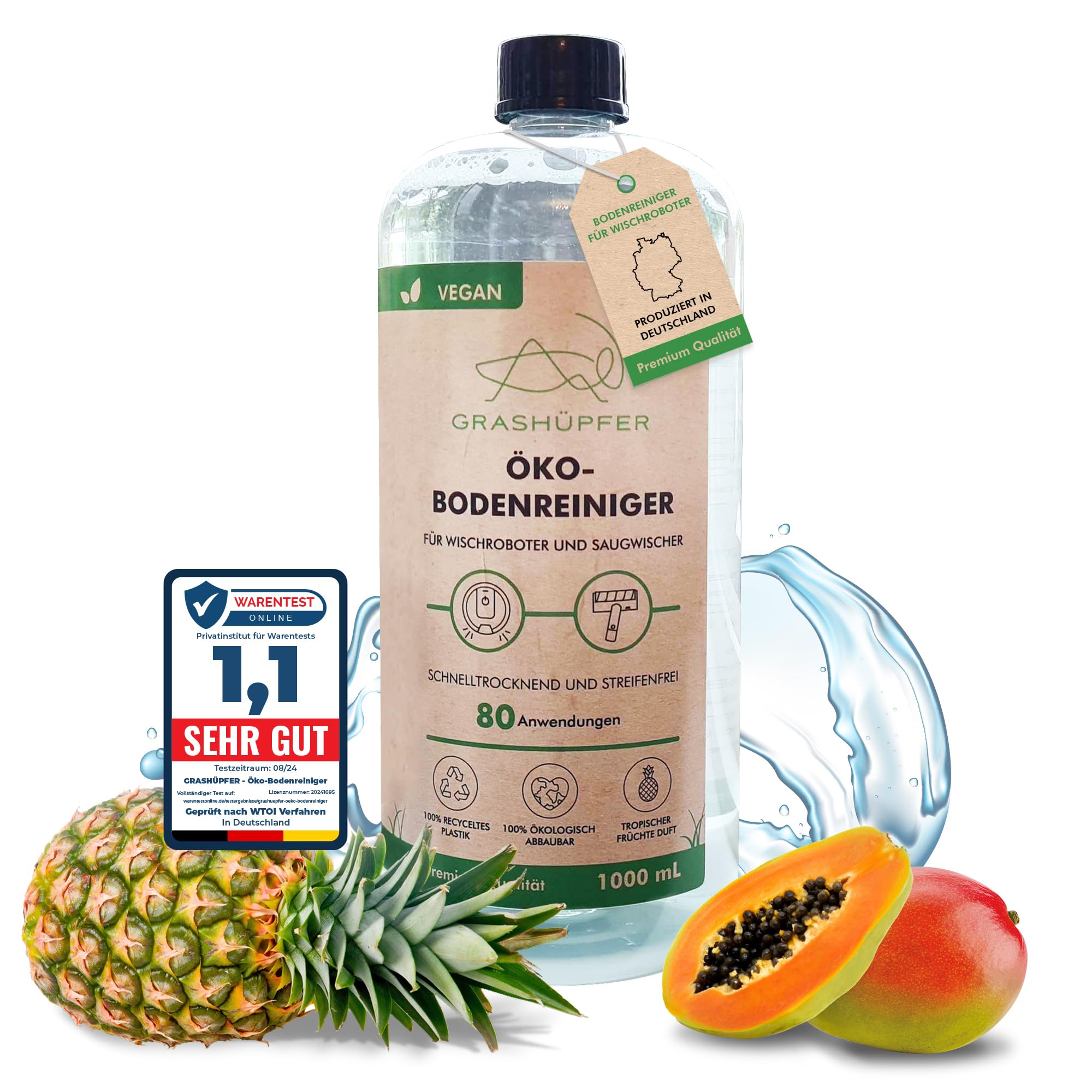GRASHÜPFER® Öko Bodenreiniger für Wischroboter [TROPISCH] - Wischroboter Reinigungsmittel kompatibel mit Roborock, Dreame, Ecovacs & Co. geeignet für Laminat, Parkett, Vinyl & Fliesen - 1000ml