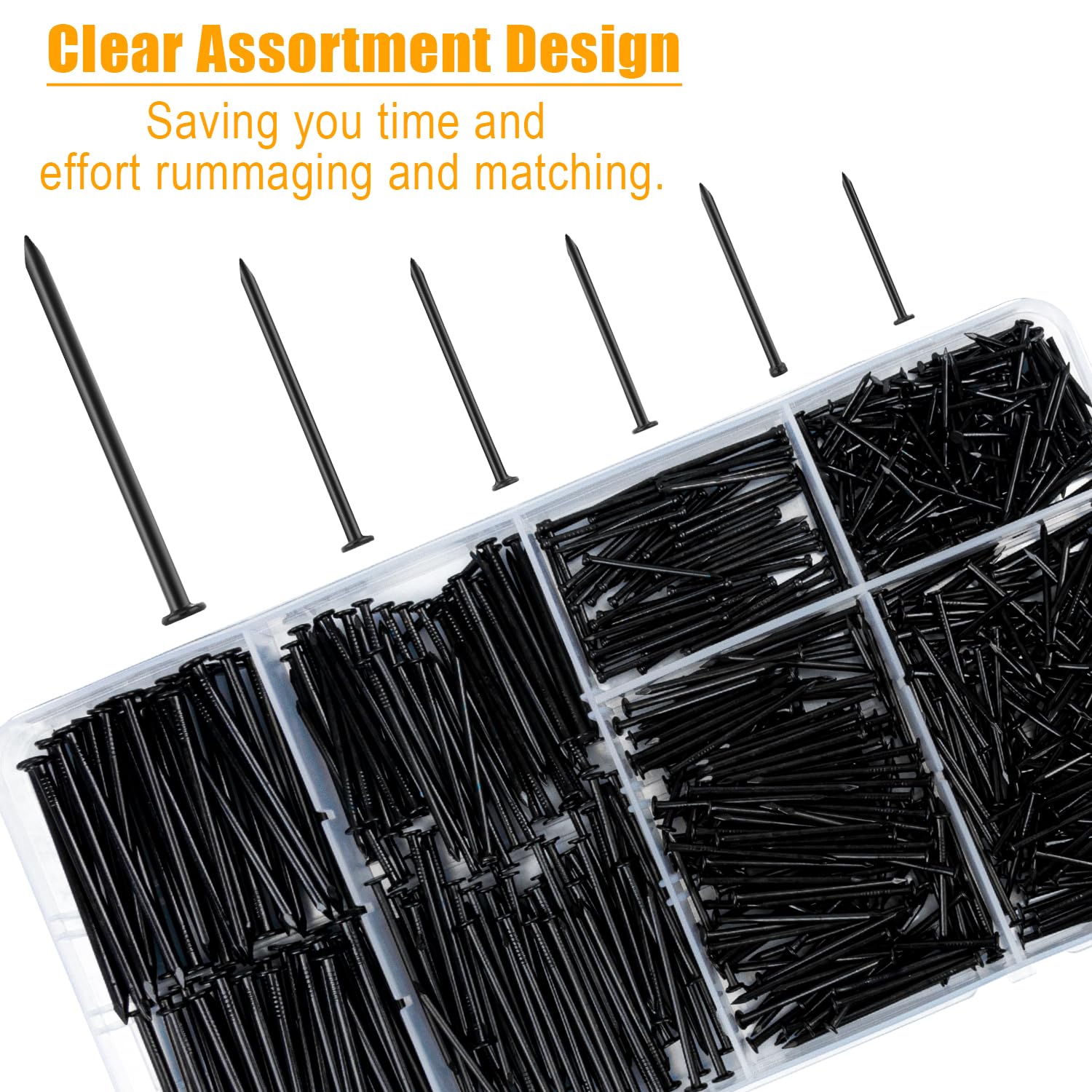 KURUI Hardware Nails for Hanging Pictures Assorted Kit,700pc Black Picture Hangers for Photo Frame Art Canvas, 6 Sizes Small Finish Nails Assortment Kit,640 Frame Nails and 60 Wall Finishing Nails - Image 3