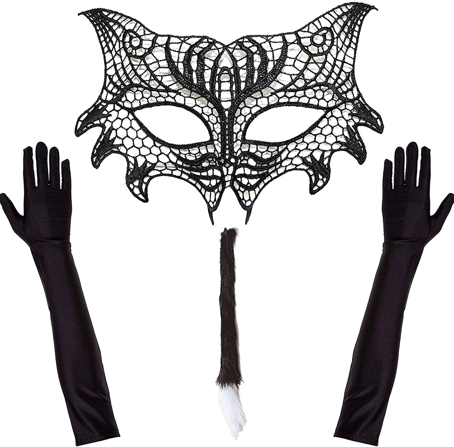 Deluxe Naughty Cat Woman Masquerade Halloween Costume - Lace Cat Mask, Long Lace Gloves and Tail, Black