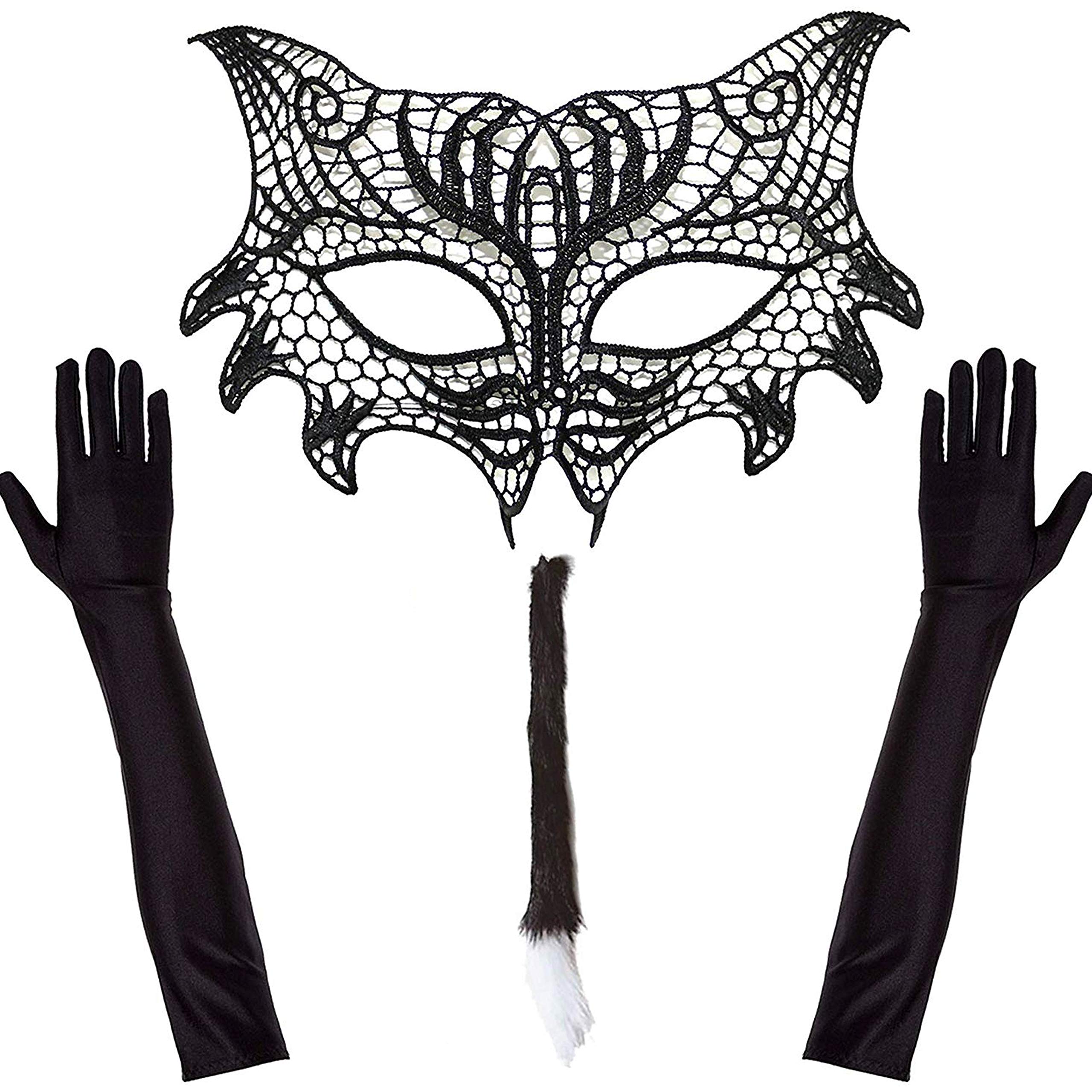 Deluxe Naughty Cat Woman Masquerade Halloween Costume - Lace Cat Mask, Long Lace Gloves and Tail