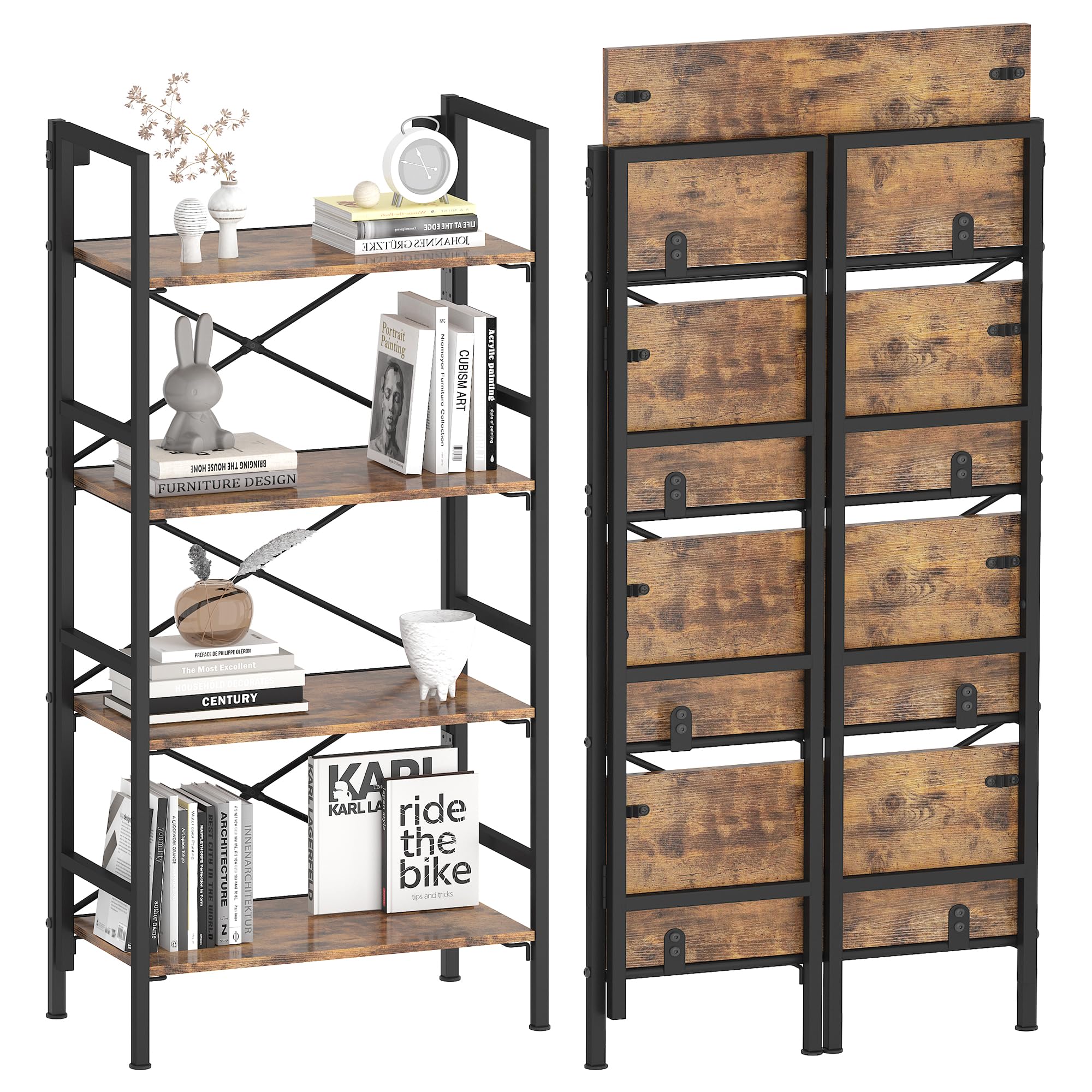 Photo 1 of **SIMILAR **Homeiju Folding Bookshelf,4 Tier Bookcase Foldable Shelf with X-Bracket Design, Adjustable Feet, Space Saving Storage for Living Room, Office, Rustic Brown