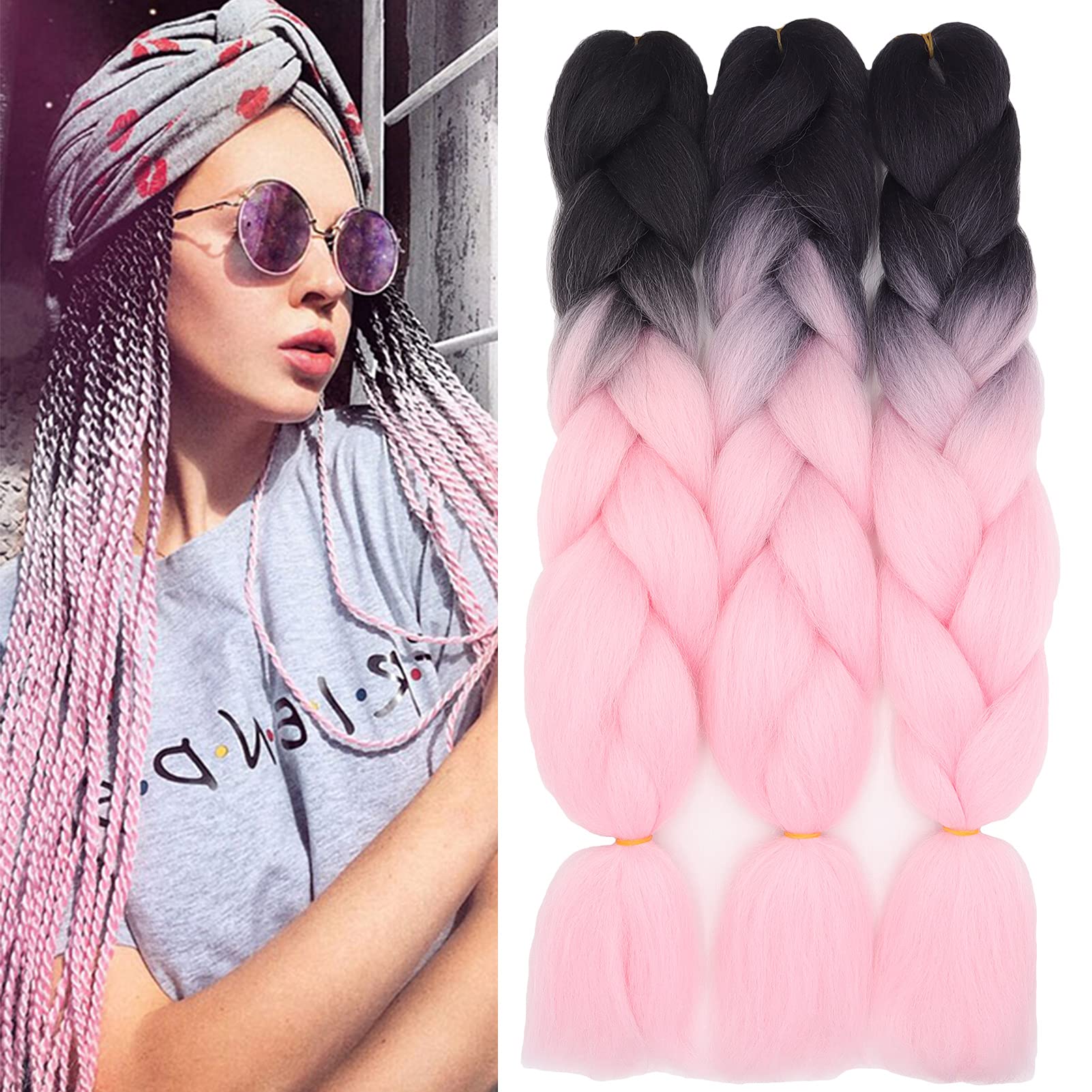 24" Braiding Hair Extension Jumbo Braids Synthetic 3bundles/pack Crochet Hair Afro Box Braid Heat Resistent (Black&Pink) โ image 1