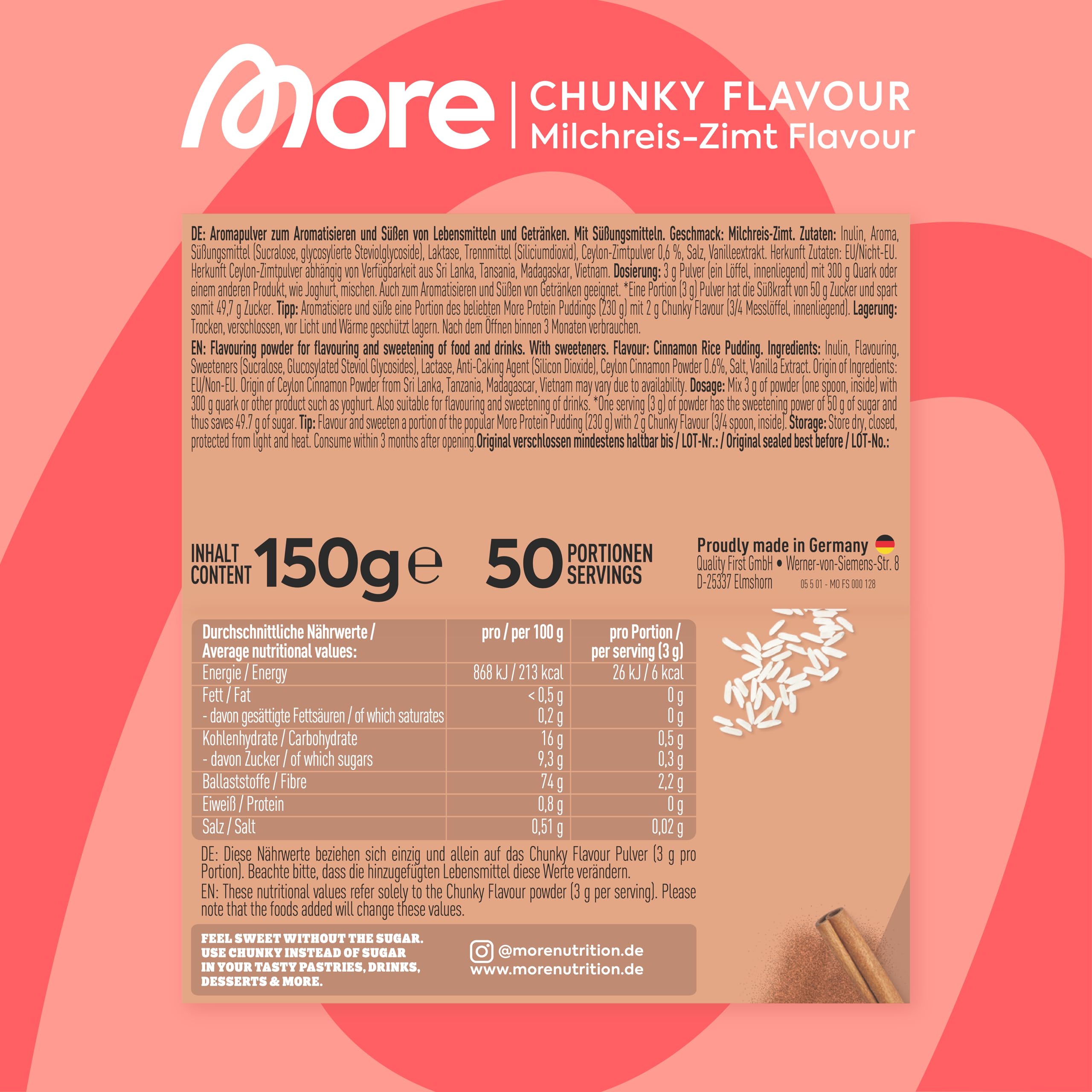 MORE Chunky Flavour, Milchreis Zimt, 150 g, vegan, Geschmackspulver zum Süßen, ohne viel Zucker und Kalorien, mit Inulin und Laktase - made in Germany 4