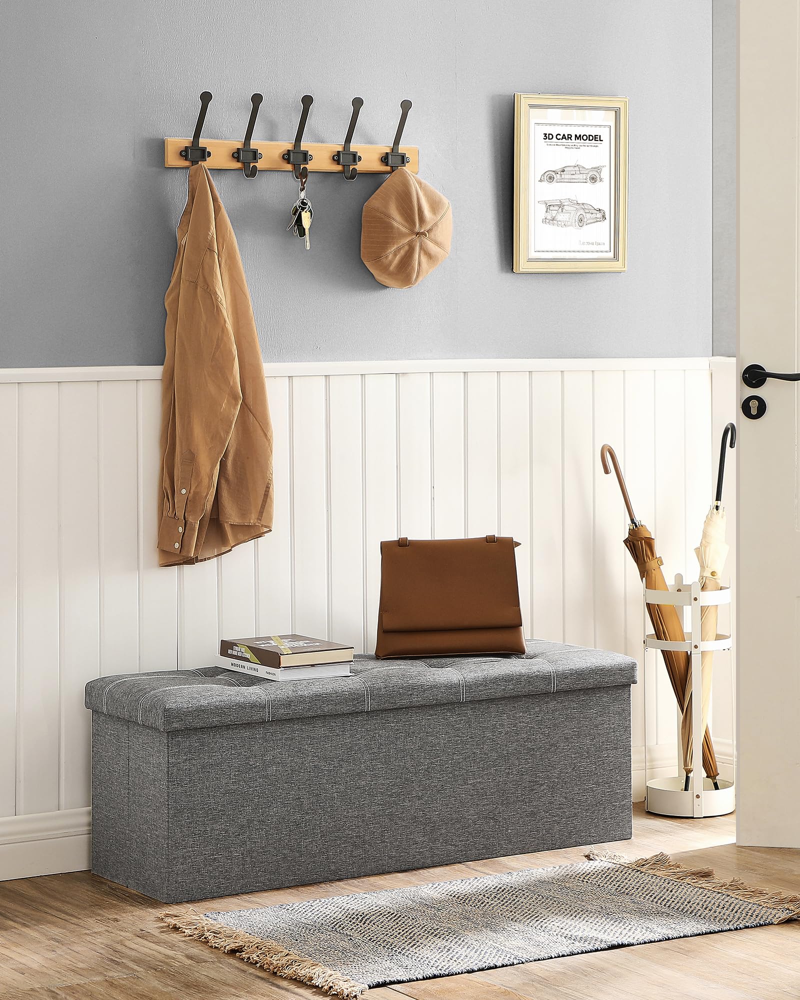 SONGMICS Mazie Collection - 43 Inches Ottoman Storage Bench, 35 Gal. Folding Chest with Breathable Linen-Look Fabric, Load up to 660 lb, for Entryway, Living Room, Bedroom, Light Gray ULSF077G05 - Image 4