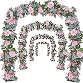 Bacucine Flower Garland Rose Vine 4Pcs 28FT Artificial Floral Garland with Green Leaves Hanging Rose Vine for Wedding Party Garden Home Wall Decor (Light Pink)