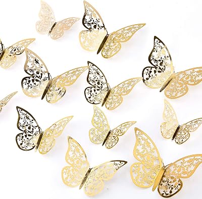AIEX 24pcs 3D Butterfly Wall Decals Gold 3 Sizes 8/10/12cm with Tape