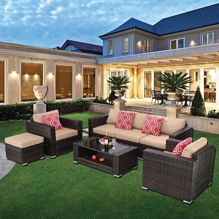 Amazon Com Htth 7 Pieces Outdoor Patio Rattan Sofa Wicker Sets Clearance With Washable Cushions Conversation Garden Furniture Coffee Table Backyard Ivory Tan Garden Outdoor