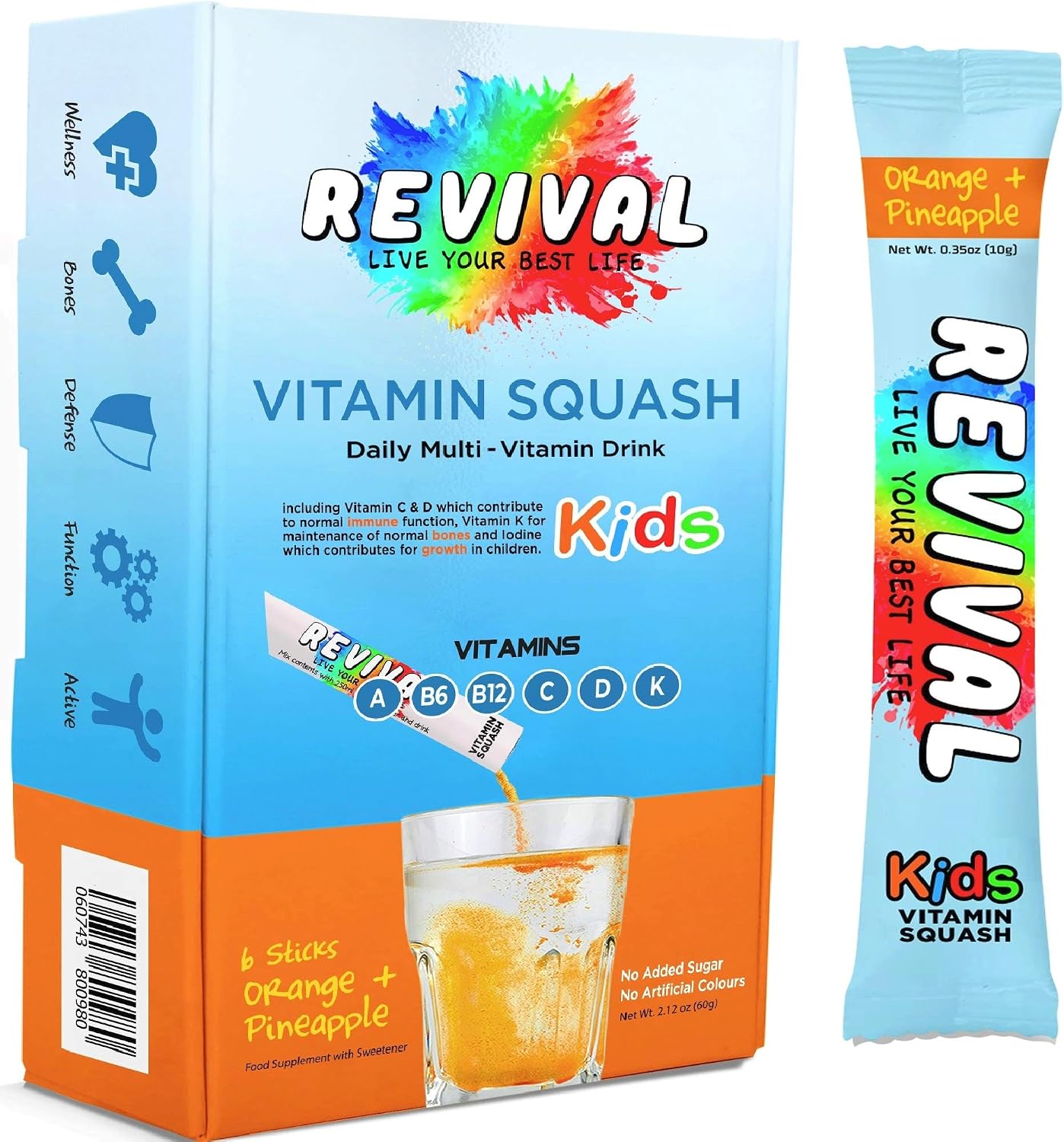 Revival Kids Hydration Vitamin Drink - Electrolyte Squash with Vitamins D, A, C, K, B6, B12 - Immunity, Growth, Development