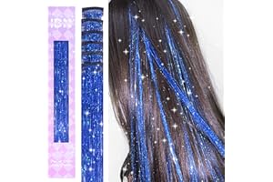 IDN BEAUTY Hair Tinsel Clip in, 6pcs Treasure Blue Sparkling Tinsel Hair Extensions 3s Wear and Go for Party Daily Travel Birthday, 24Inch Hair Accessories for Girls Women Kids