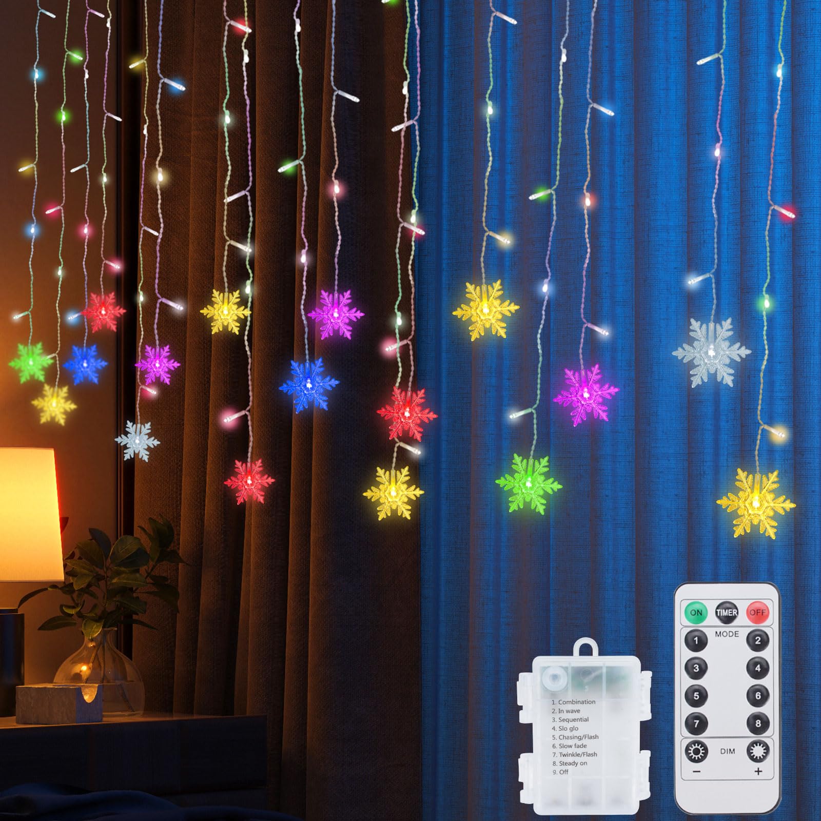 Qoosea Curtain Fairy Lights, 96 LED 4.2M Snowflake Lights, 8 Modes Remote Control Window String Lights Waterproof, for Christmas, Wedding, Garden, Party, Patio, Outdoor Indoor Decoration, Multicolor