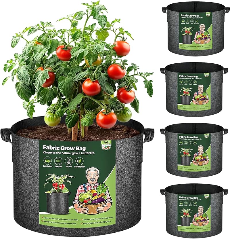 T4U 5-Pack 10 Gallon Fabric Grow Bags Heavy Duty with Handles