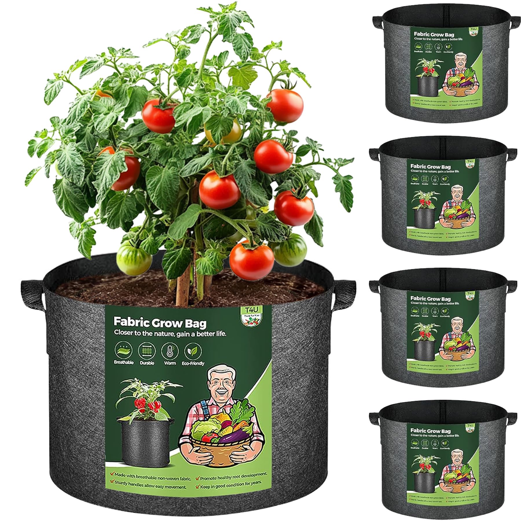 T4U 5-Pack 10 Gallon Fabric Plant Grow Bags, Heavy Duty Smart Growing Bag with Handle, Thickened Breathable Nonwoven Growbag Planter Container for Potato Tomato Chili Strawberry Vegetable Seed Outdoor