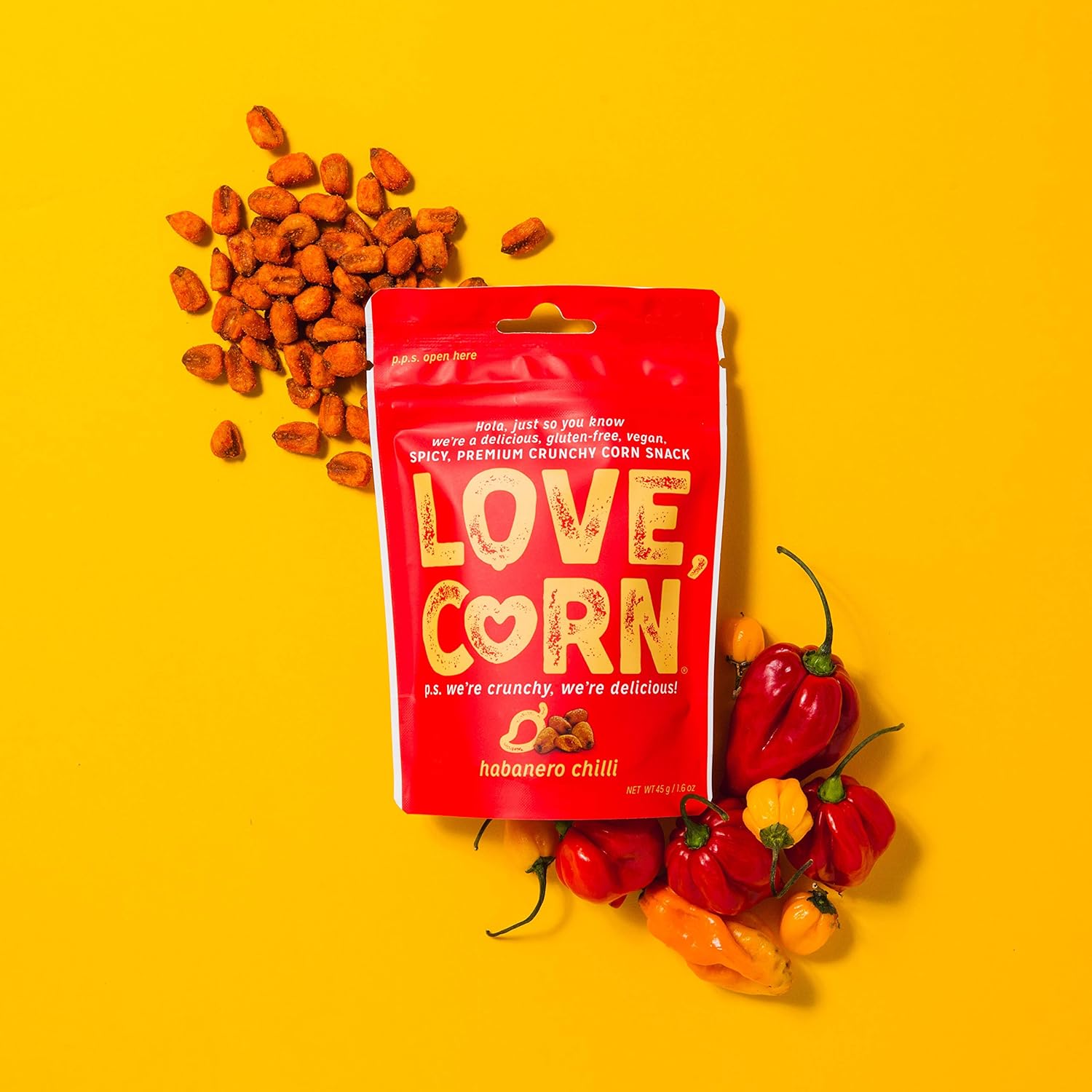 HABANERO LOVE CORN - 1.6oz (10 BAGS) Crunchy Corn, Delicious, Gluten-Free, Vegan, Non-GMO, Spicy Snack