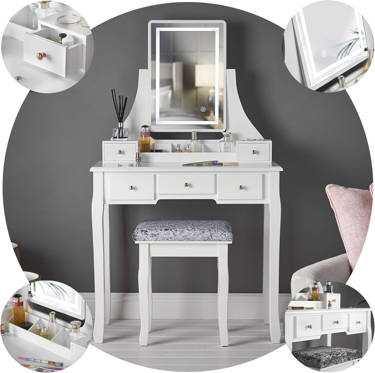 CARME Savannah White Dressing Table with Touch Mirror LED Light 5