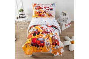 GRAT TIOC 4 Piece Toddler Bedding Set for Boys,Cars Construction Toddler Bed Comforter Set Includes Comforter,Flat Sheet,Fitted Sheet and Pillowcase,Christan Trucks Tractors Bed in A Bag for Kids Bedroom