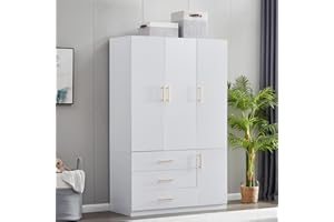 TrendTerrace 3-Door Armoire Wardrobe Closet, Wood 3 Drawers Tall Cabinet Closet Wardrobe for Large Capacity with Hanging Rod and One Storage for White Closet Cabinet