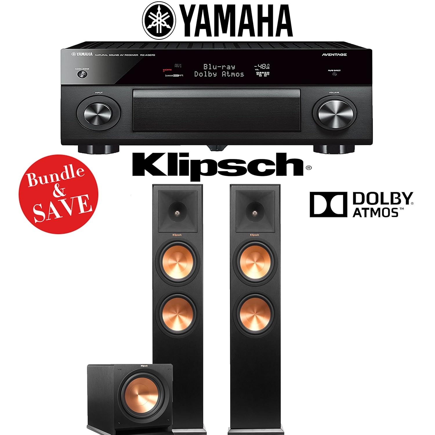 Yamaha AVENTAGE RX-A3070BL 11.2-Ch Dolby Atmos Network AV Receiver + Klipsch RP-280FA + Klipsch R-112SW - 2.1-Ch Dolby Atmos Package
