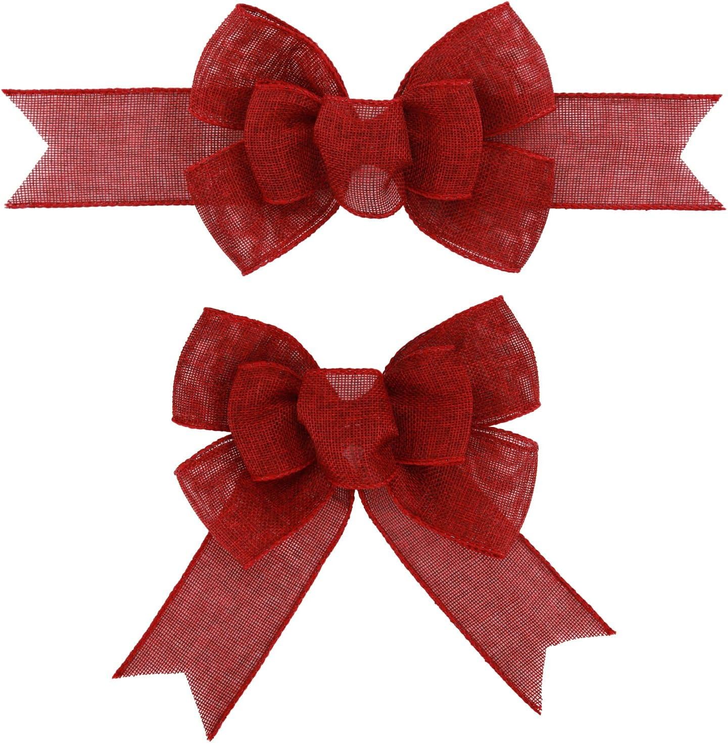 Bows & Ribbons - Meseey 2 Pcs Burgundy Wired Ribbon Wine Red Handmade Premade Burlap Bows for Wreaths Tree Decorations Gift Wrapping Outdoor Decoration(Burgundy)