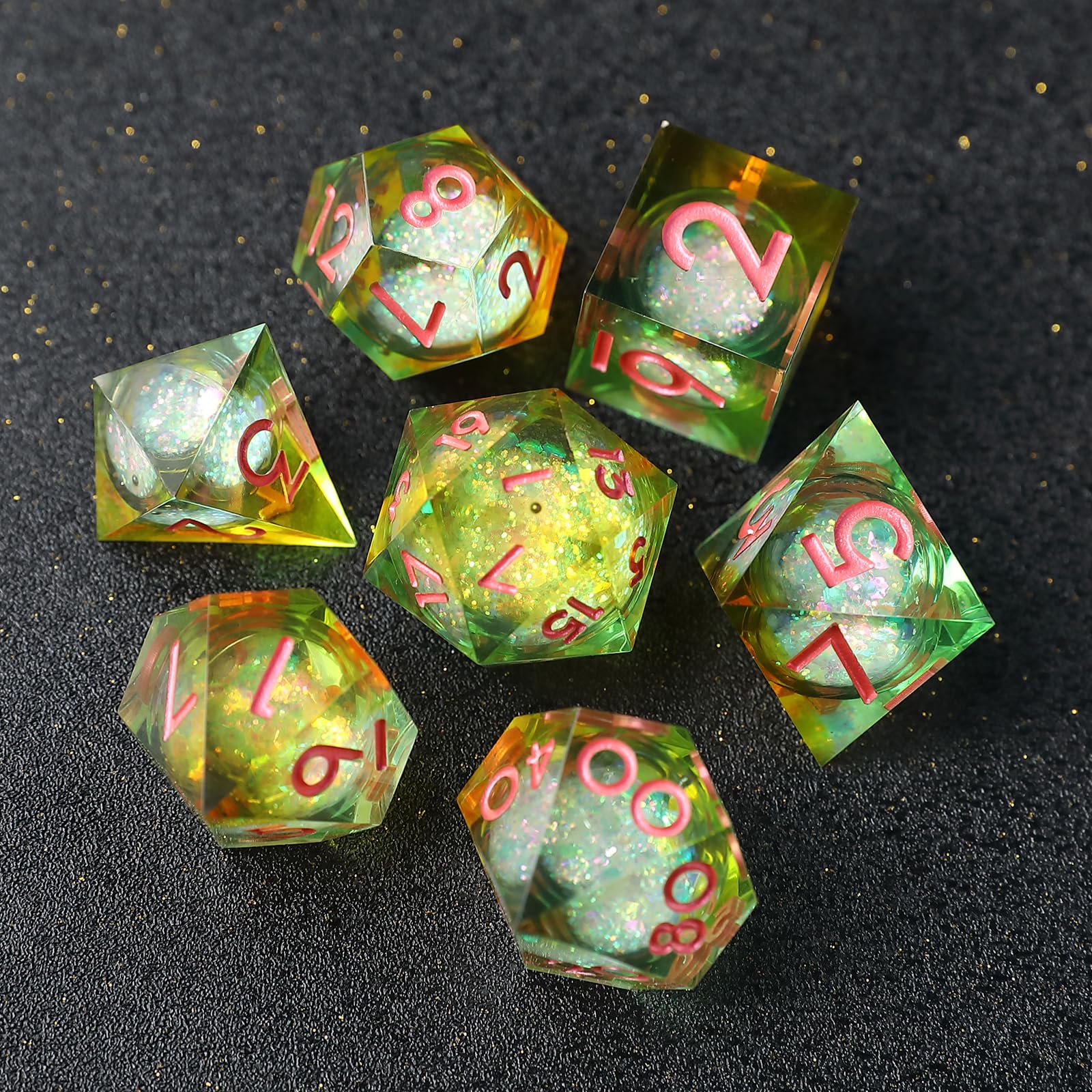 D&D Dice Set Quicksand Resin Sharp Edge Dice 7pcs Handmade DND Dice for Polyhedral Dungeons and Dragons MTG RPG Ttrpg Pathfinder Roleplaying D and D D20 D12 D10 D8 D6 D4 Dice with Box — image 1