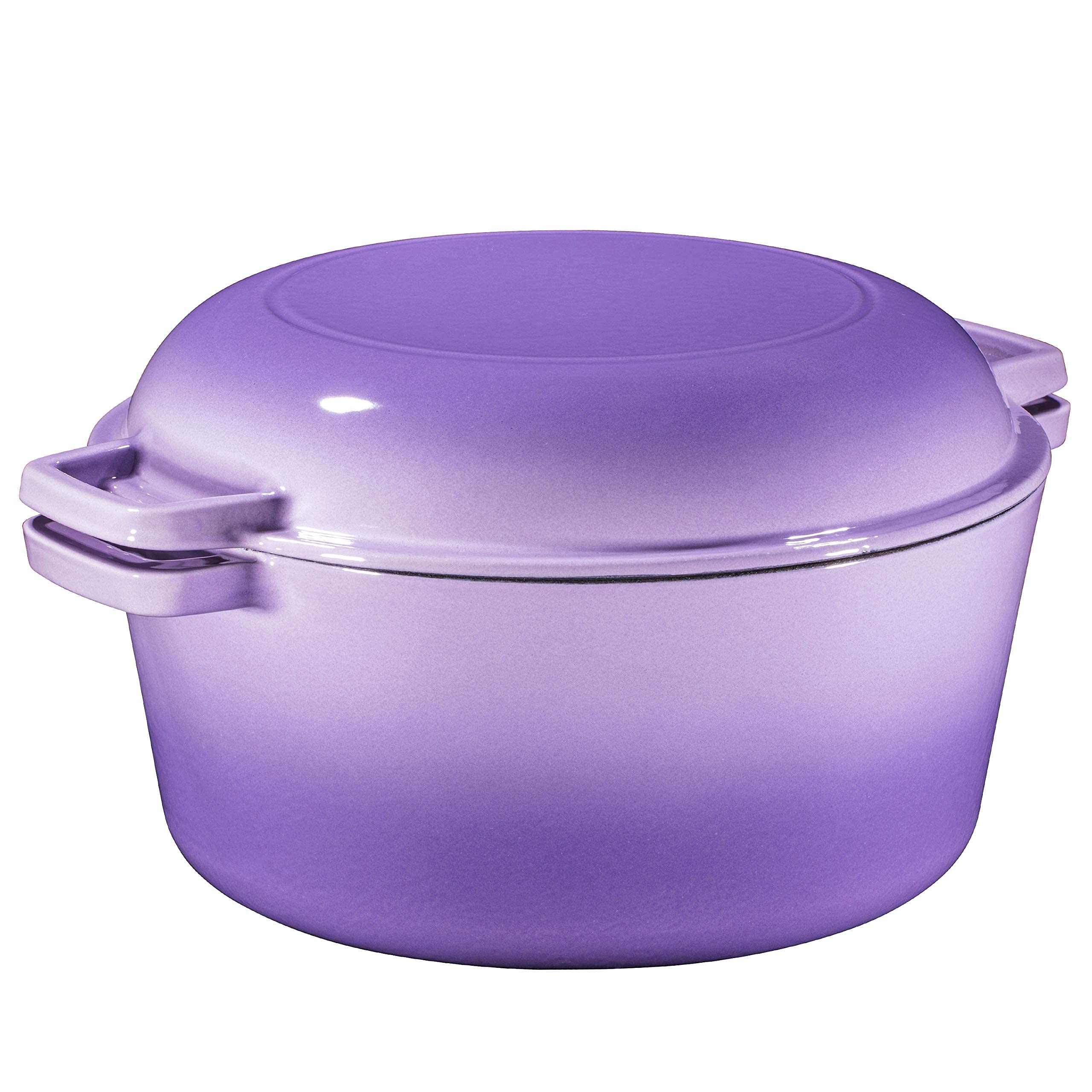 Bruntmor 2-in-1 Enamel Cast Iron Dutch Oven with Handles - Crock Pot Purple Cast Iron Pot with Skillet lid - All-in-One Cookware Braising Pan for Casserole Dish - 5 Quart, Purple