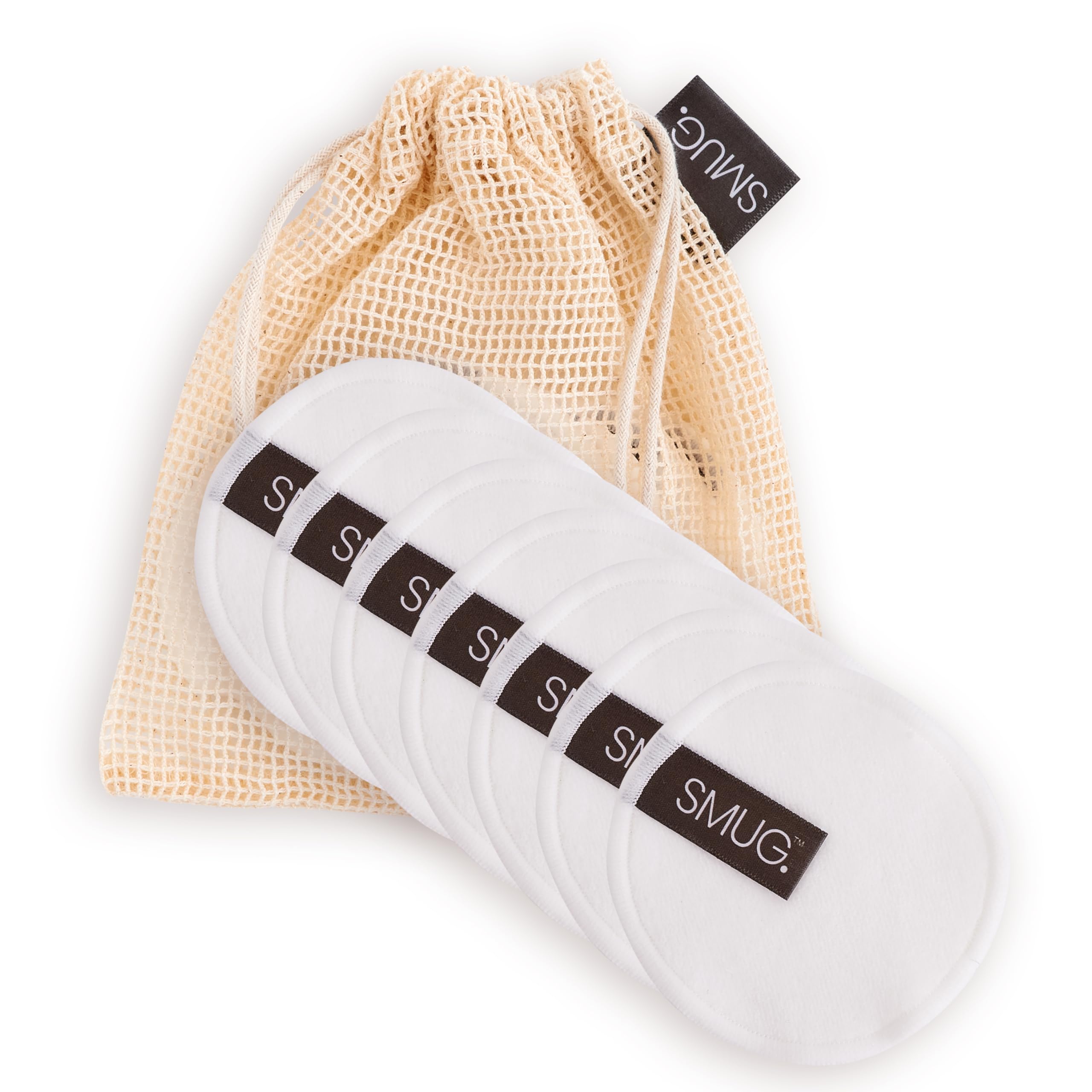 SMUG Bamboo Reusable Makeup Remover Pads (x7) - Washable Face Cleansing & Eye Make Up Remover Pads with Mesh Laundry Bag - Reusable Cotton Rounds - Essential Makeup Accessories