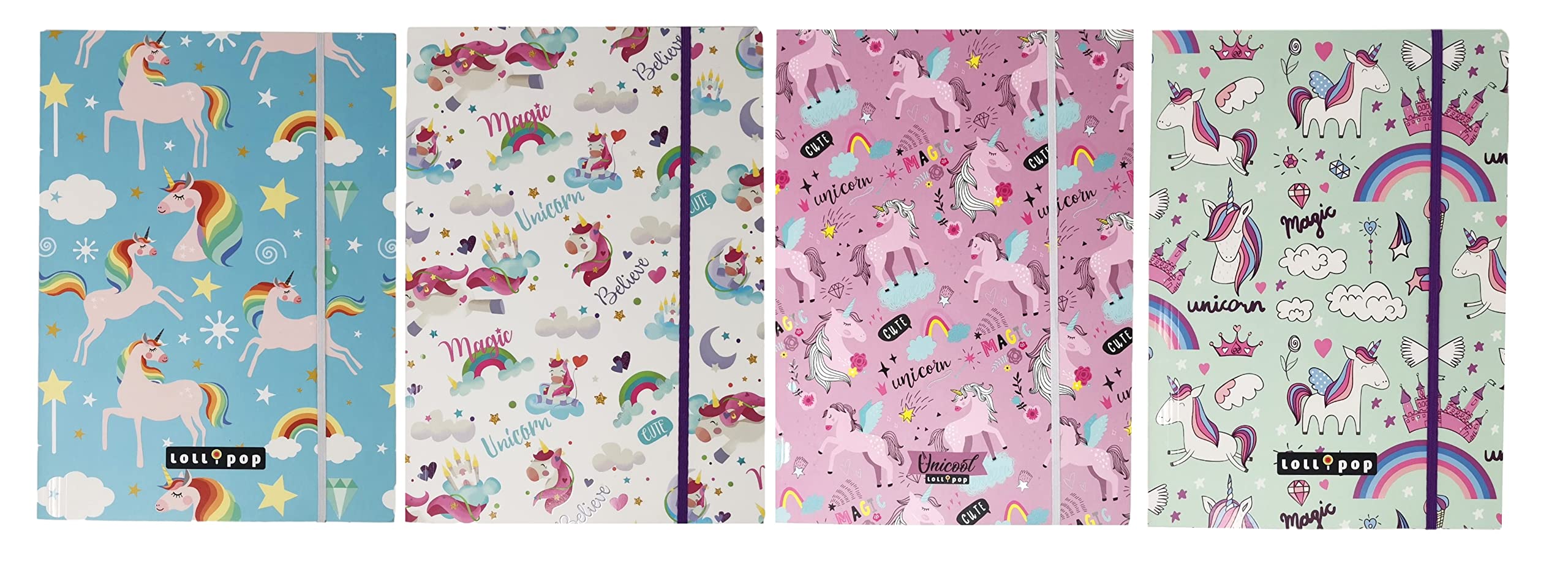Theonoi Children's Classic A4 Folder, Set of 4, Sturdy Cardboard, Unicorn Design, Elasticated, Back to School
