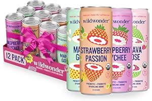 wildwonder Sparkling Probiotic Drink 12pk, For Gut Health & Immune Support, Classic Variety Pack, 5g Prebiotic Fiber, Live Probiotics, Organic, Vegan, Low Sugar, 12 Pack, 12oz Can, Seen on Shark Tank