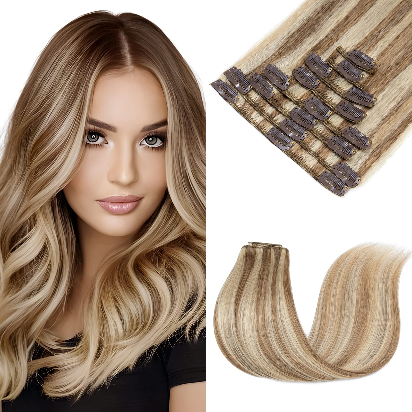 Elailite Clip in Hair Extensions Real Human Hair Remy Natural Hair - 8 Pieces Standard Weft Full Head Balayage Straight - #12/613 Golden Brown Mix Bleach Blonde - 16 Inch (90 g) — image 1